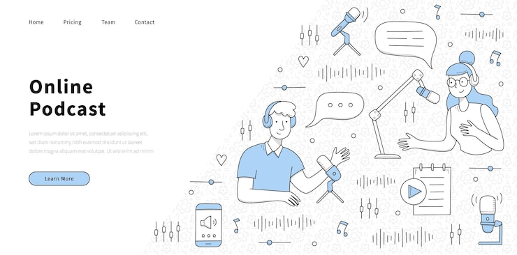 Vecteur gratuit bannière de podcast en ligne avec des personnes dans des écouteurs