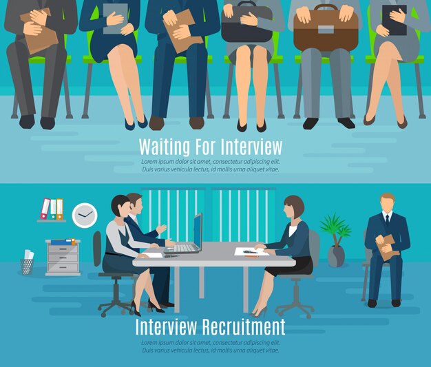Bannière de processus d&#39;embauche sertie de personnes attendant des éléments plats de l&#39;entrevue de recrutement