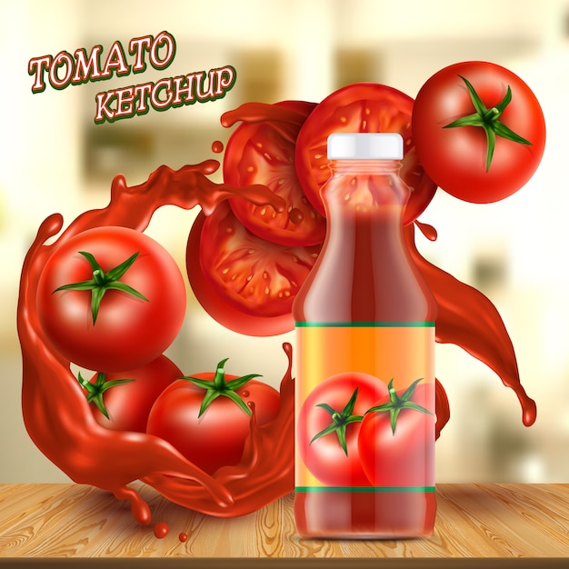 bannière de promotion avec une bouteille en verre réaliste de ketchup, avec des touches de sauce rouge