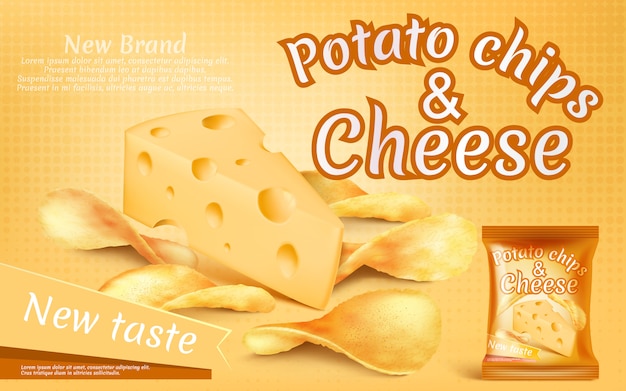 Bannière De Promotion Avec Des Chips De Pommes De Terre Réalistes Et Un Morceau De Fromage