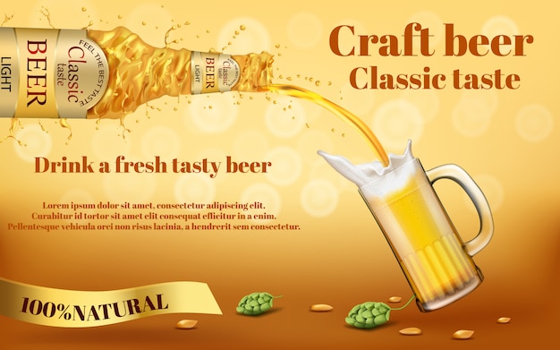 bannière de promotion colorée réaliste avec une bouteille tourbillonnante abstraite de bière d&#39;or artisanal
