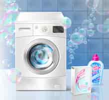 Vecteur gratuit bannière de promotion de détergent liquide pour la lessive, avec machine à laver et des bulles de savon