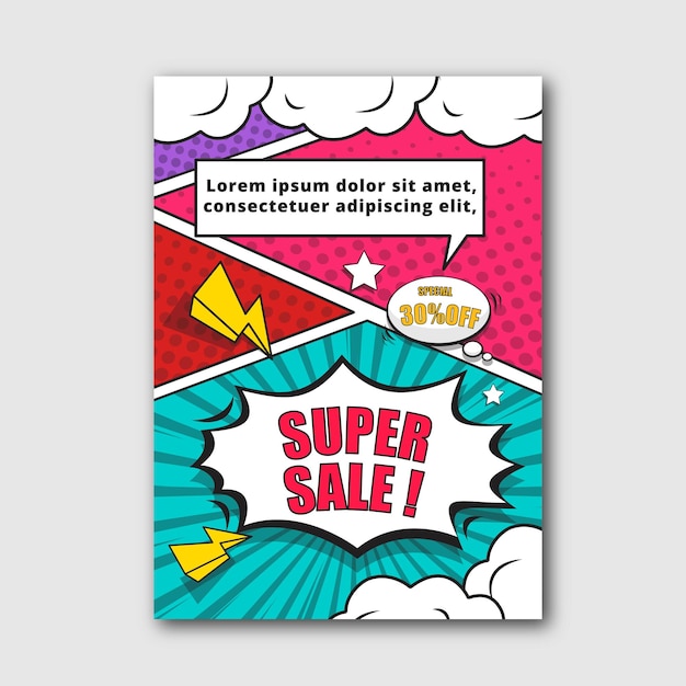 Bannière de promotion de remise de super vente de bandes dessinées vectorielles