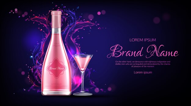 Bannière promotionnelle de bouteille de vin rose