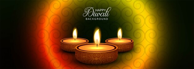 Bannière promotionnelle Happy Diwali sur les médias sociaux avec lampes à huile illuminées