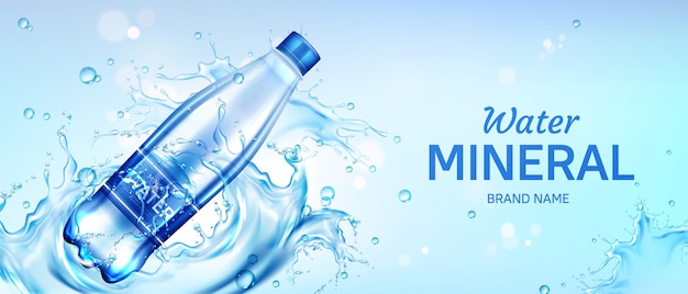 Bannière publicitaire de bouteille d'eau minérale, flacon avec boisson