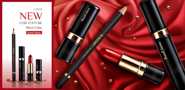 Bannière publicitaire de produit de beauté maquillage rouge à lèvres cosmétiques.