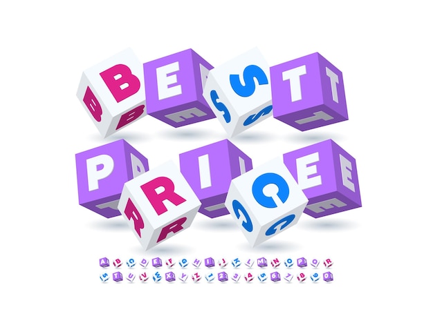 Bannière publicitaire vectorielle meilleur prix toy blocks font playful cubic alphabet letters and numbers