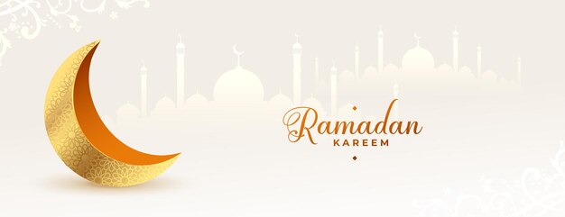 Bannière ramadan kareem blanche avec lune dorée en 3d