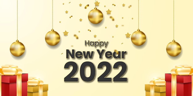 Bannière réaliste de bonne année 2022 avec boîte, confettis et étoiles. vecteur premium