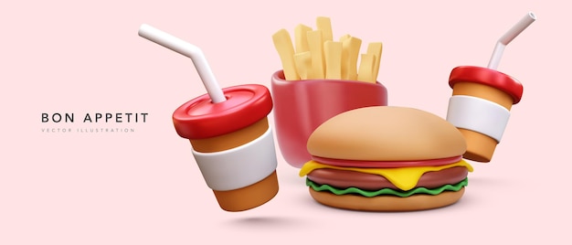 Vecteur gratuit bannière de restauration rapide réaliste 3d avec frites et hamburger vector illustrator
