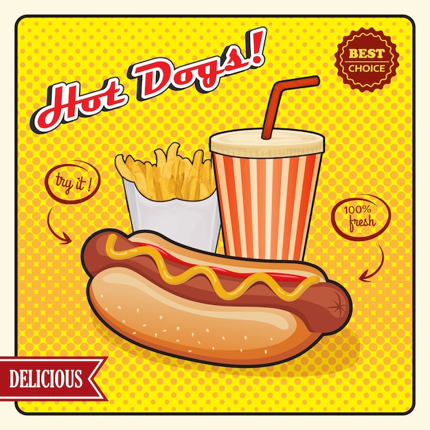 Vecteur gratuit bannière rétro de hot dogs comic style