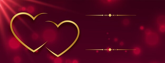 Bannière rouge bokeh saint valentin avec coeurs dorés et effet de lumière