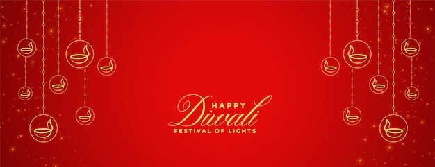 Vecteur gratuit bannière rouge diwali heureux avec décoration diya