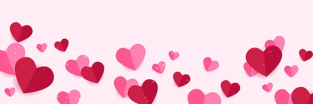 Bannière de la saint-valentin heureuse. conception de fond de vacances avec un grand coeur fait de coeurs origami roses et rouges sur fond de tissu noir. affiche horizontale, flyer, carte de voeux, en-tête pour site web