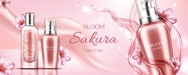 Bannière, sérum et amorce de bouteilles de cosmétiques Sakura