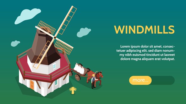Vecteur gratuit bannière de site web horizontal isométrique de moulins à vent de travail avec un moulin à smocks en exploitation commerciale dans une illustration vectorielle de fond de belle campagne