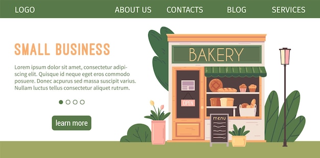 Vecteur gratuit bannière de site web horizontal de petite entreprise avec façade de boulangerie bâtiment illustration vectorielle plane