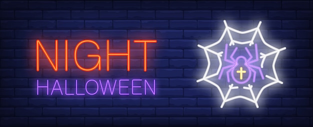 Vecteur gratuit bannière de style néon halloween nuit avec araignée dans le fond de brique webon.
