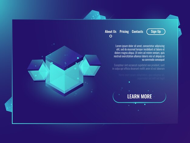 Bannière de technologie avec illustration abstraite, cube de brillance isométrique