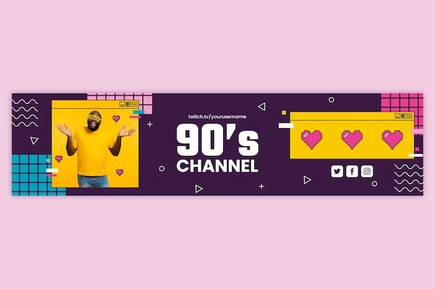 Vecteur gratuit bannière de twitch de fête colorée des années 90 design plat