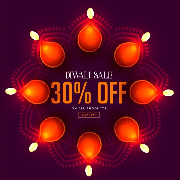 Bannière de vente Diwali avec décoration de lampes de diya rougeoyantes