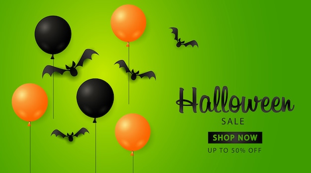 Bannière De Vente Halloween Avec Des Ballons Et Des Chauves-souris