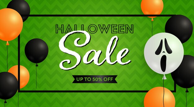 Bannière de vente Halloween et ballons fantômes