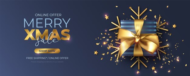Bannière de vente de Noël avec cadeau et décoration réalistes