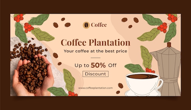 Bannière de vente de plantation de café dessinée à la main