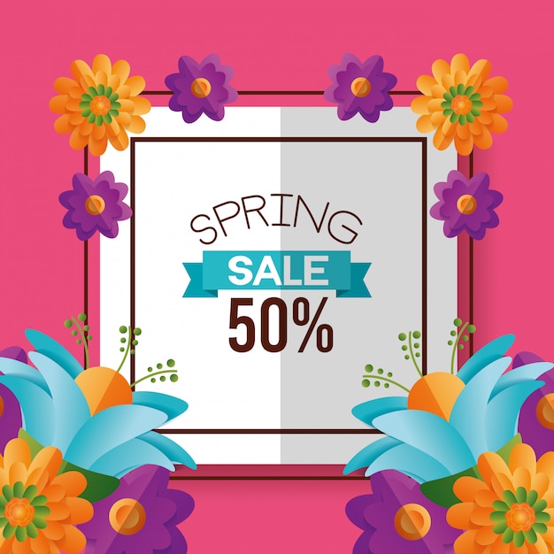 Bannière De Vente De Printemps Avec Des Fleurs, 50% De Réduction