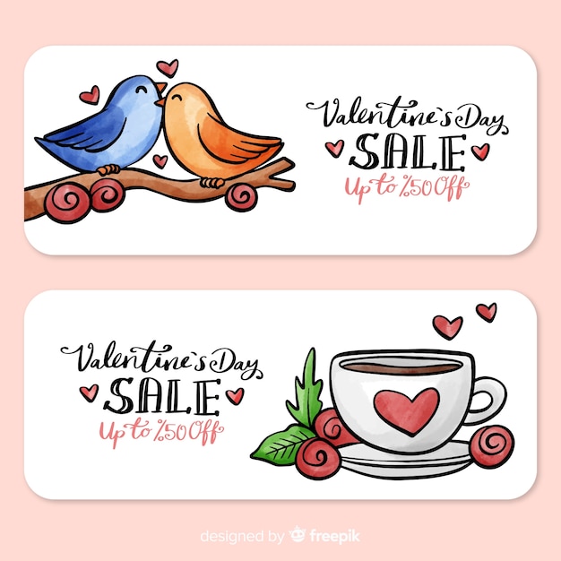 Bannière De Vente De Saint Valentin Oiseaux Et Tasse