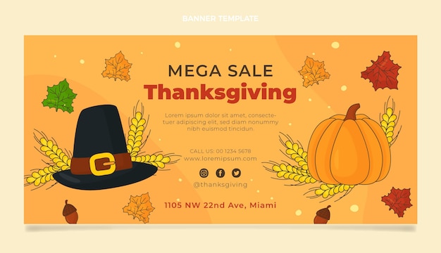 Vecteur gratuit bannière de vente de thanksgiving horizontale plate dessinée à la main