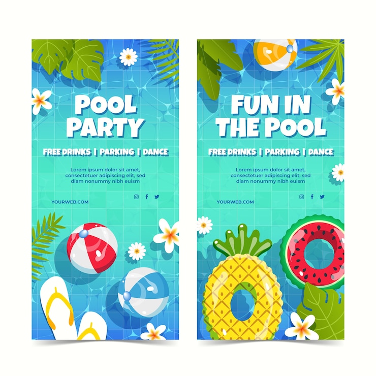 Vecteur gratuit bannière verticale de fête de piscine colorée dessinée à la main