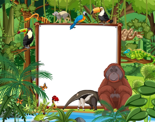Vecteur gratuit bannière vierge dans la scène de la forêt tropicale avec des animaux sauvages