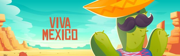 Vecteur gratuit bannière viva mexico avec un joli cactus en sombrero dans le désert. affiche vectorielle avec paysage désertique de sable de dessin animé avec des pierres et personnage de cactus drôle avec moustache et chapeau mexicain