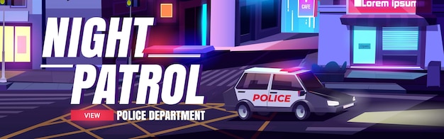 Vecteur gratuit bannière web de dessin animé de patrouille de nuit avec voiture de service de police avec signalisation équitation rue de nuit avec maisons