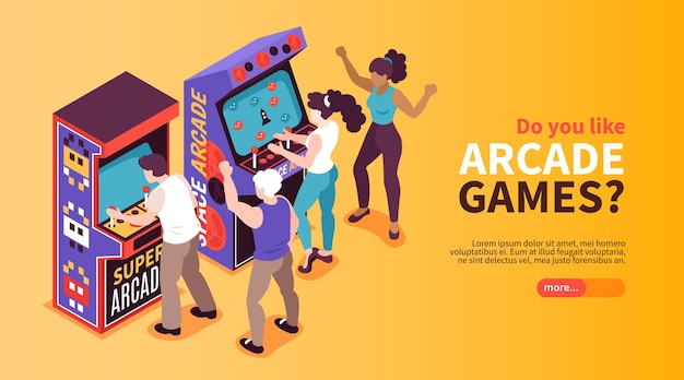 Bannière web isométrique horizontale de divertissement en ligne de machines de jeux d'arcade d'amusement rétro avec des gens qui jouent