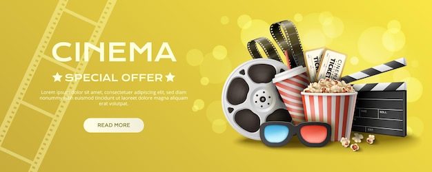 Vecteur gratuit bannière web d'offre spéciale de cinéma horizontal avec des lunettes 3d réalistes de pop-corn de clapper sur illustration vectorielle de fond de couleur