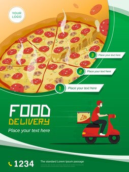 Bannière web de service de livraison de nourriture avec moto et espace pour votre texte sur fond vert