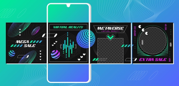 Vecteur gratuit bannières de carrousel ig post rétrofuturistes avec des objets de géométrie wireframe de la grille de lignes