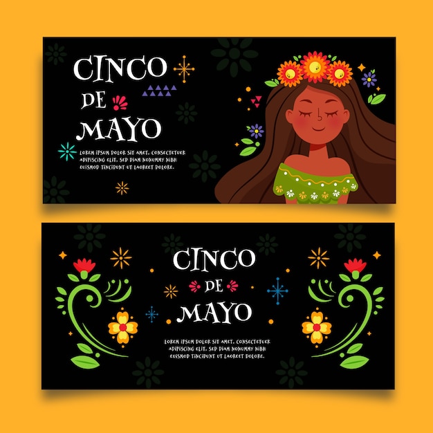 Vecteur gratuit bannières cinco de mayo avec des fleurs