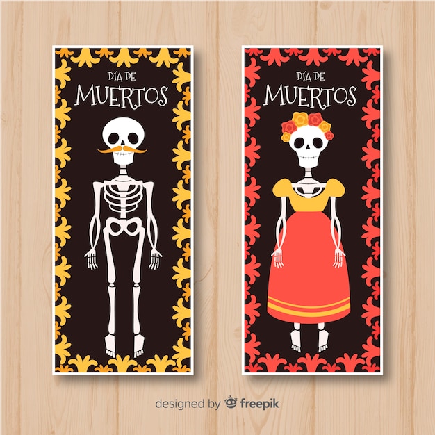 Vecteur gratuit bannières colorées de día de muertos dessinées à la main