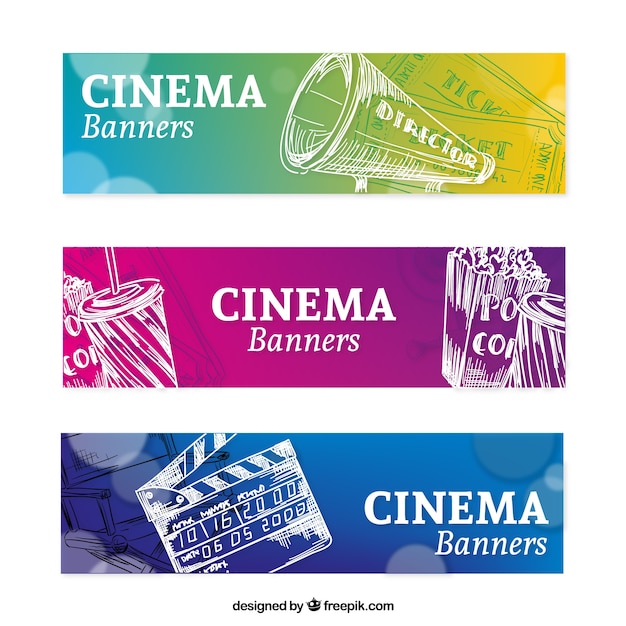 Vecteur gratuit bannières colorées avec des éléments de cinéma dessinés à la main