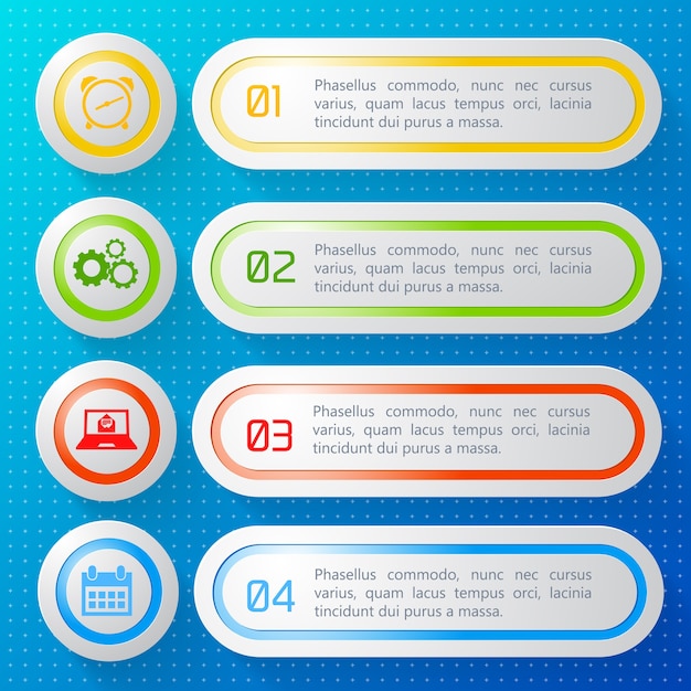 Vecteur gratuit bannières commerciales numérotées horizontales avec cadres colorés et icônes rondes isolées