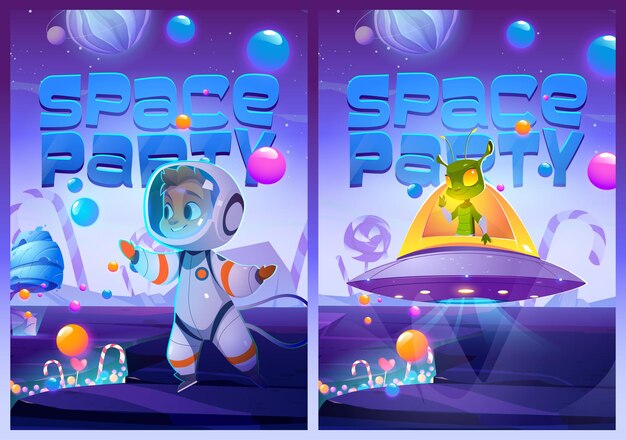 Bannières de dessin animé de fête de l'espace avec un astronaute mignon et un extraterrestre dans une soucoupe ovni sur un paysage de planète fantastique avec des bonbons et des bonbons autour. Invitation de fête d'anniversaire, affiches vectorielles sur le thème cosmique