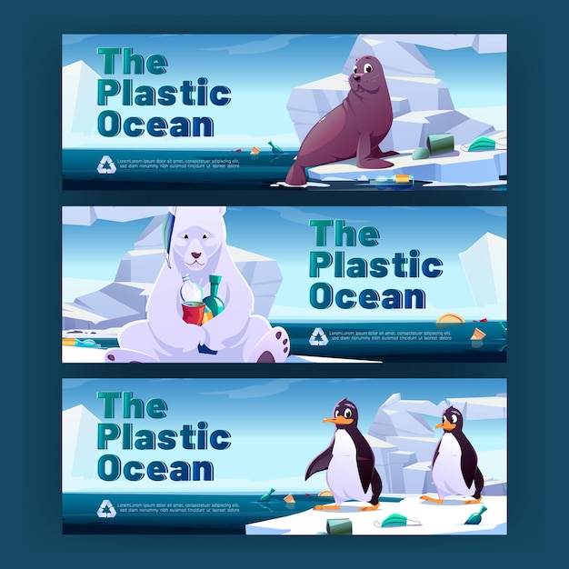 Vecteur gratuit bannières de dessins animés sur la pollution plastique des océans animaux dans la nature arctique polluée les pingouins sauvages, l'ours polaire et le phoque s'assoient sur la banquise dans la mer contaminée par des ordures