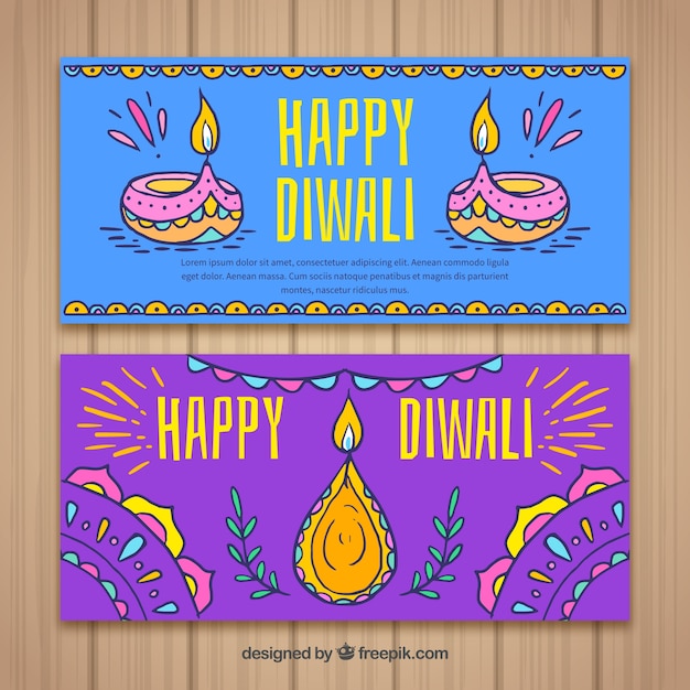 Bannières De Diwali Heureux Dessinées à La Main