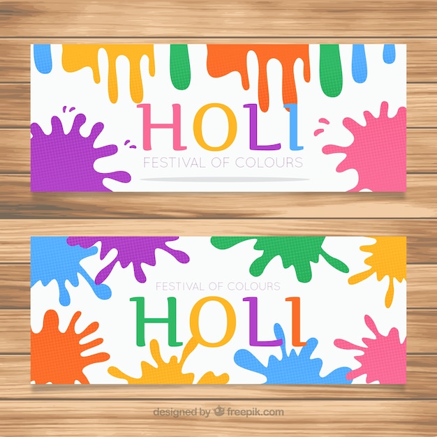 bannières festival Holi avec des taches colorées de peinture