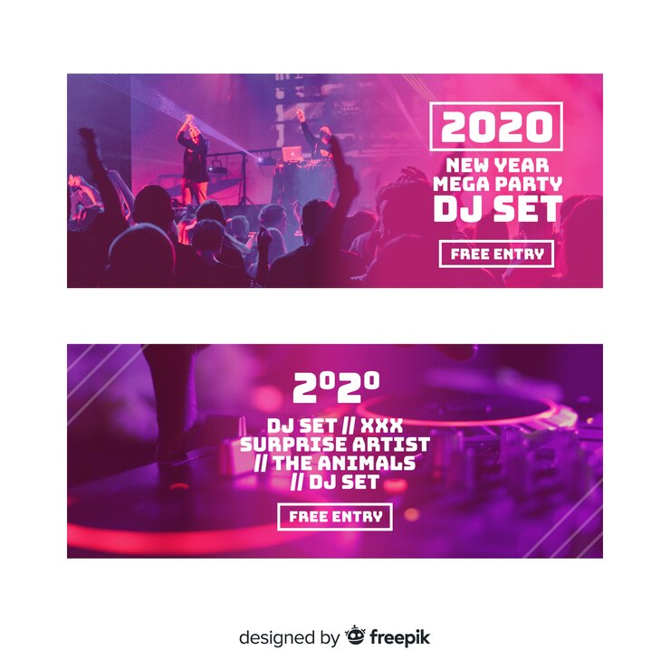 Vecteur gratuit bannières de fête de nouvel an avec photo